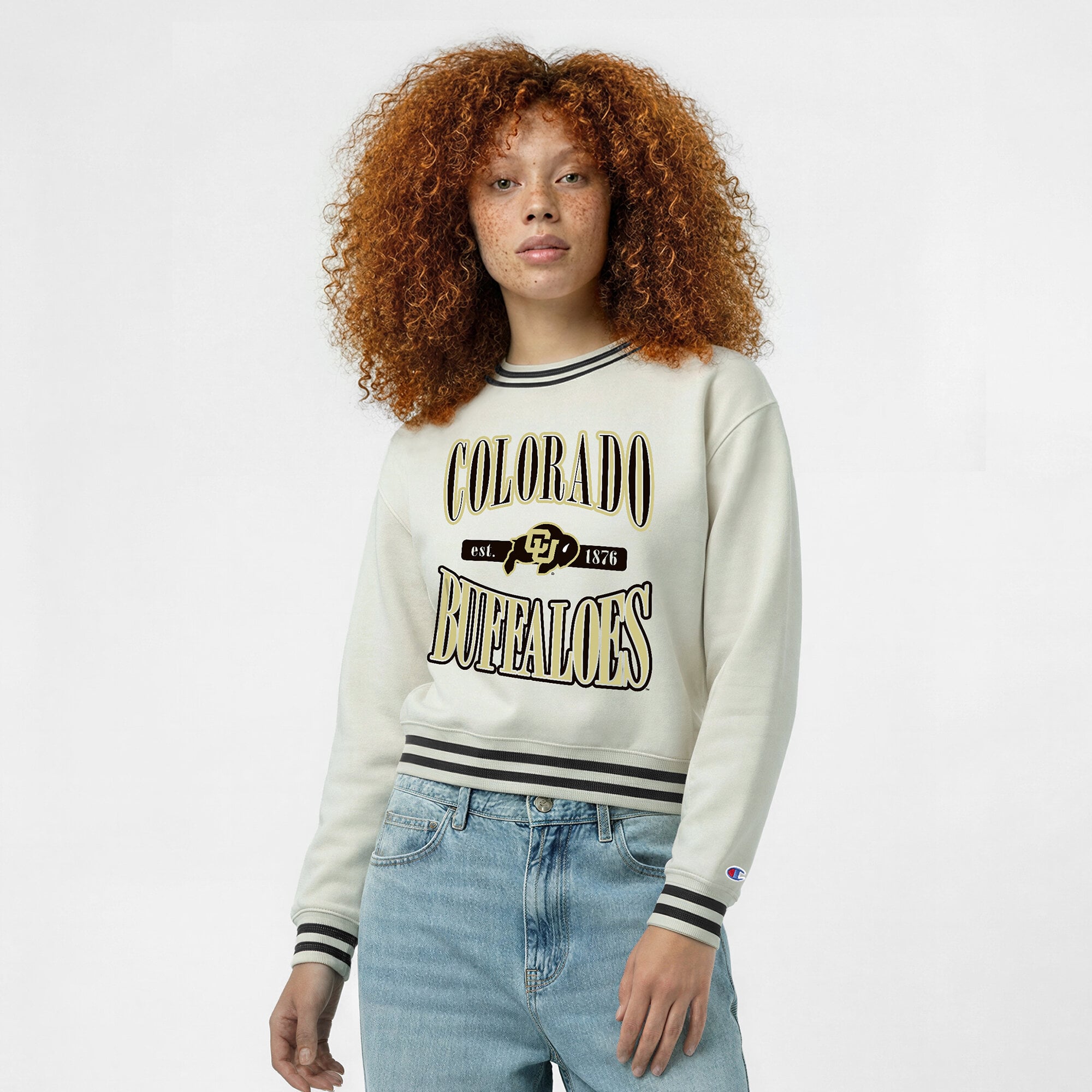 Women's Champion  White Colorado Buffaloes Yarn Dye Rib Reverse Weave Crew Sweatshirt